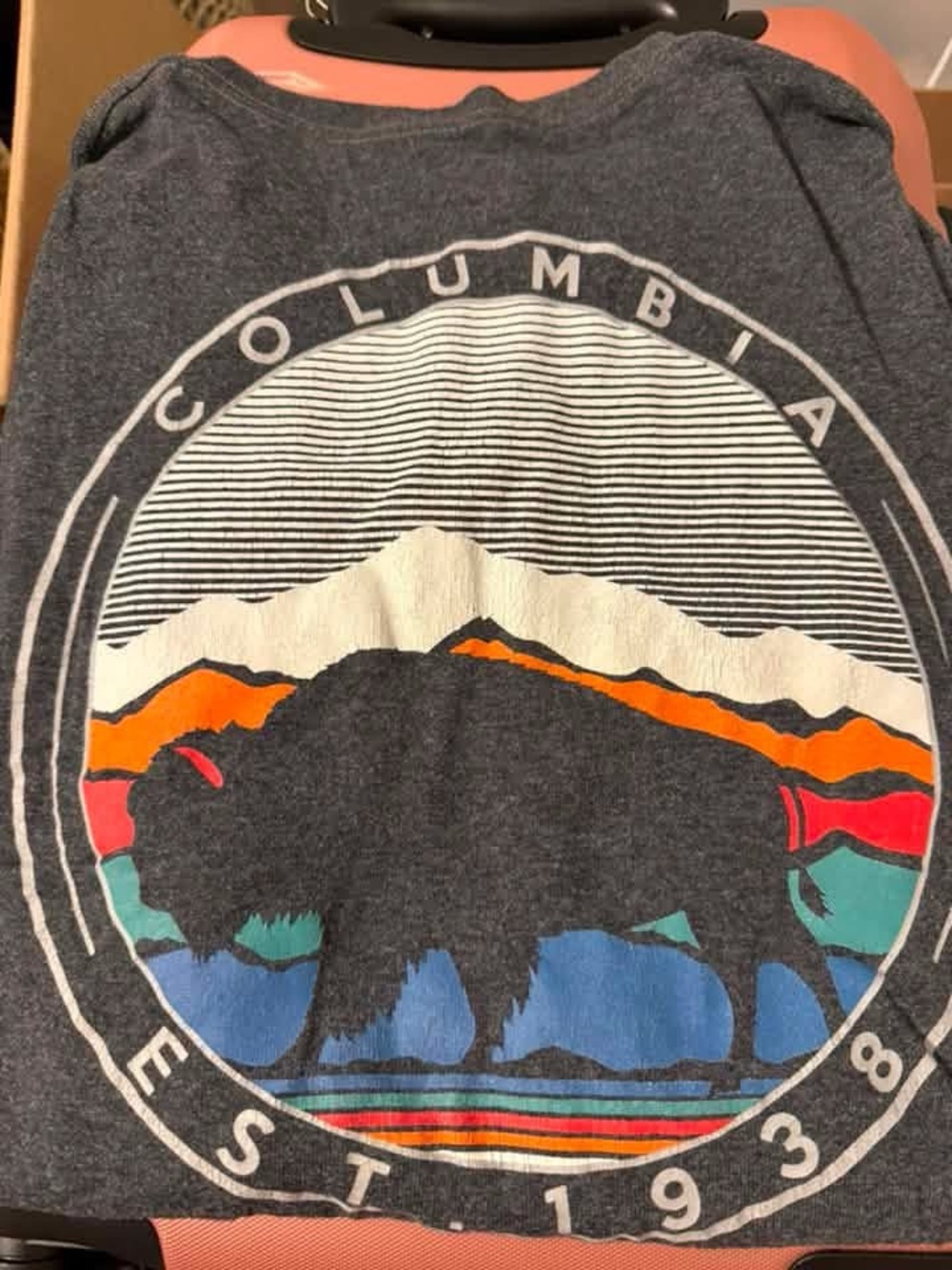 Columbia Men’s Dark Gray Crewneck Sweater with Buffalo Mountain Graphic